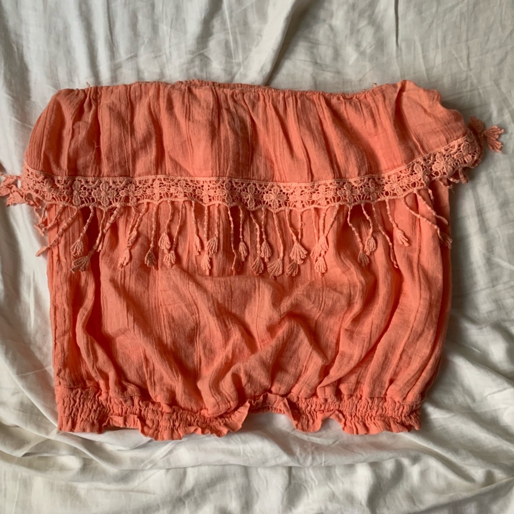 Coral strapless summer fringe top